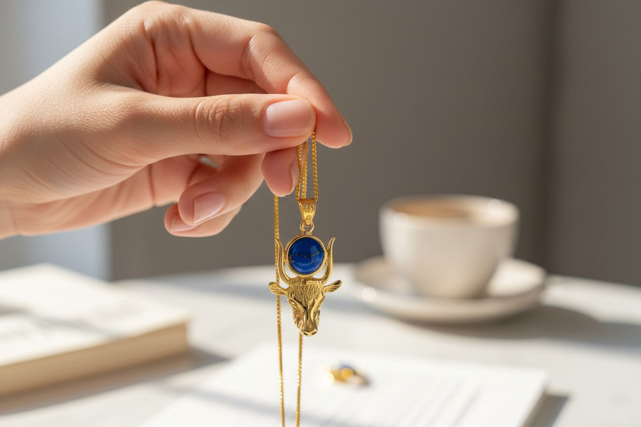 Gold Hathor Cow Head Lapis Lazuli Necklace, Egyptian Goddess Spiritual Talisman Jewelry