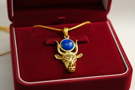 Gold Hathor Cow Head Lapis Lazuli Necklace, Egyptian Goddess Spiritual Talisman Jewelry