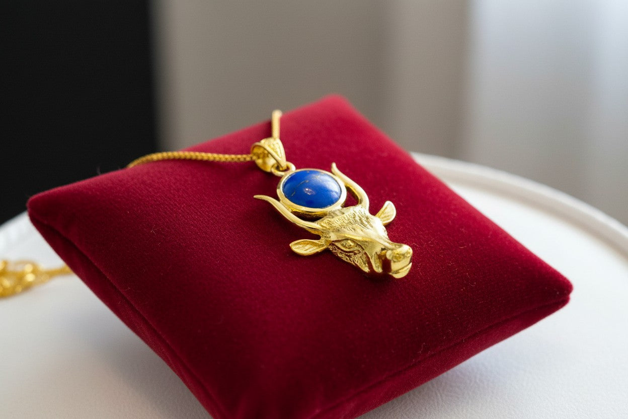 Gold Hathor Cow Head Lapis Lazuli Necklace, Egyptian Goddess Spiritual Talisman Jewelry