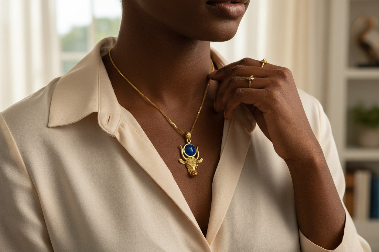Gold Hathor Cow Head Lapis Lazuli Necklace, Egyptian Goddess Spiritual Talisman Jewelry