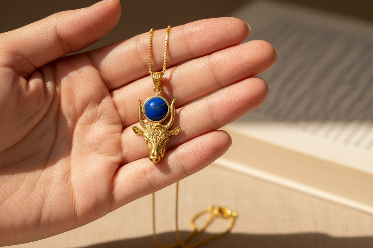 Gold Hathor Cow Head Lapis Lazuli Necklace, Egyptian Goddess Spiritual Talisman Jewelry