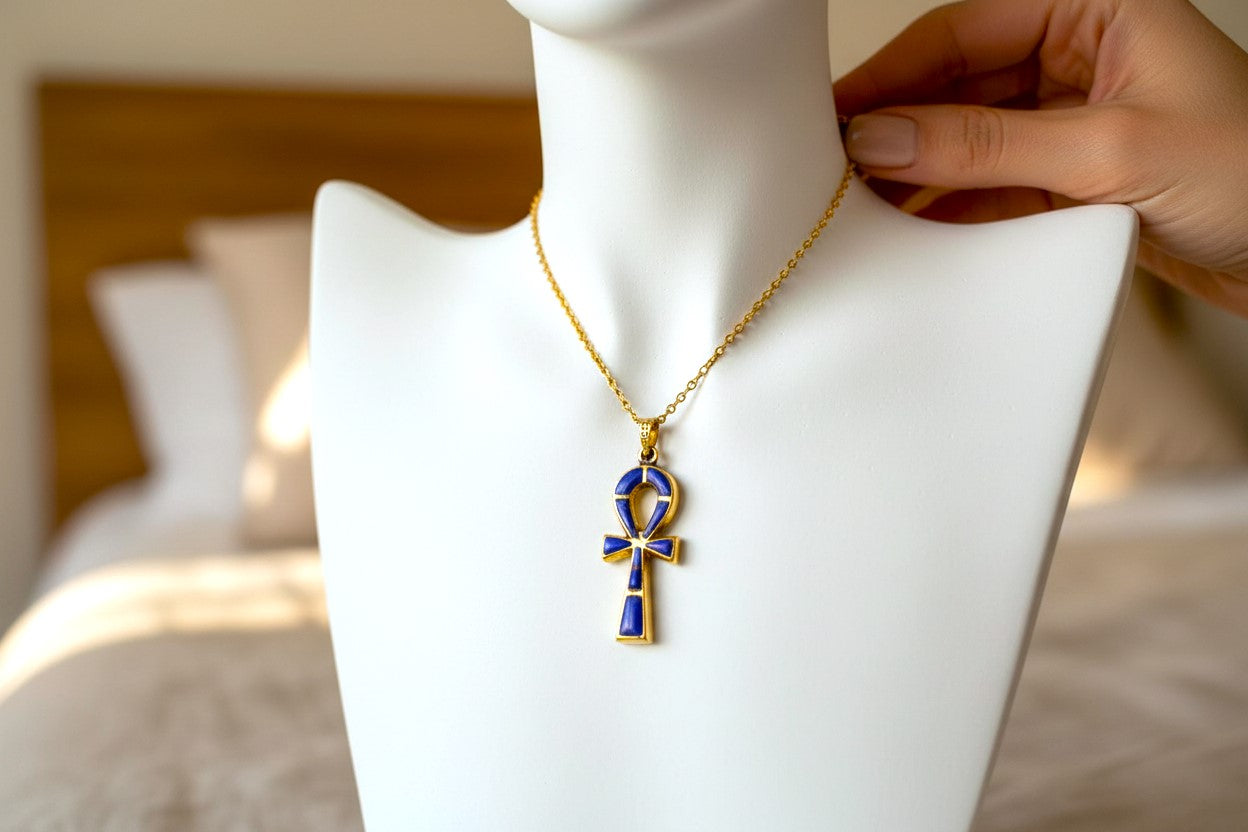 Gold Ankh Lapis Lazuli Pendant Necklace, Egyptian Talisman Jewelry
