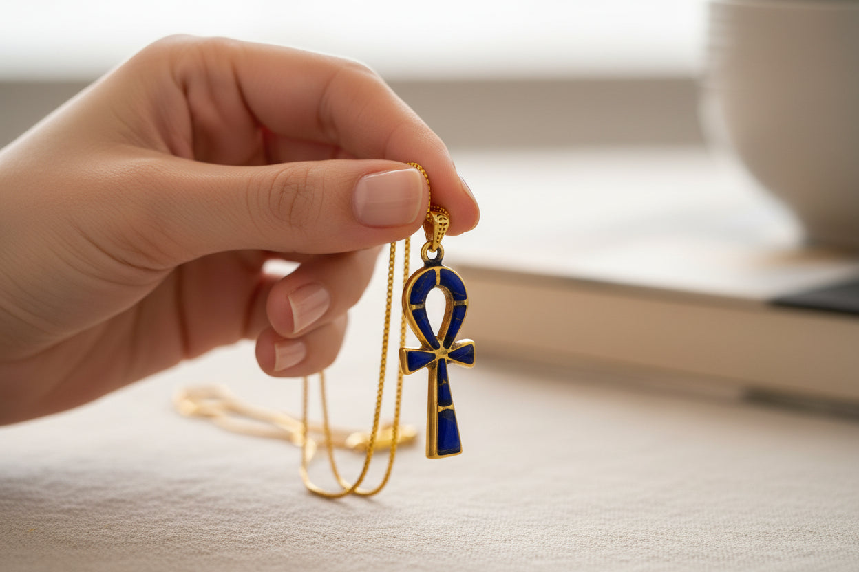 Gold Ankh Lapis Lazuli Pendant Necklace, Egyptian Talisman Jewelry