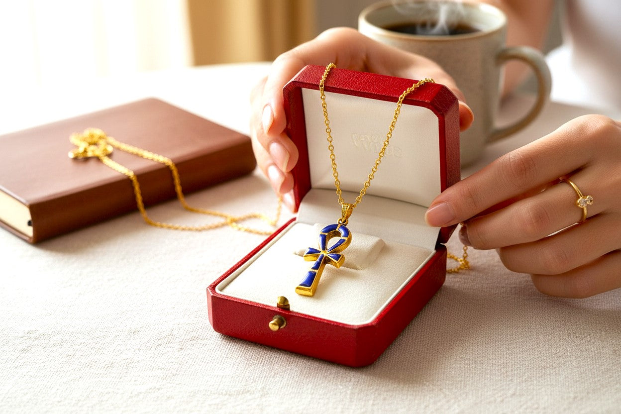 Gold Ankh Lapis Lazuli Pendant Necklace, Egyptian Talisman Jewelry