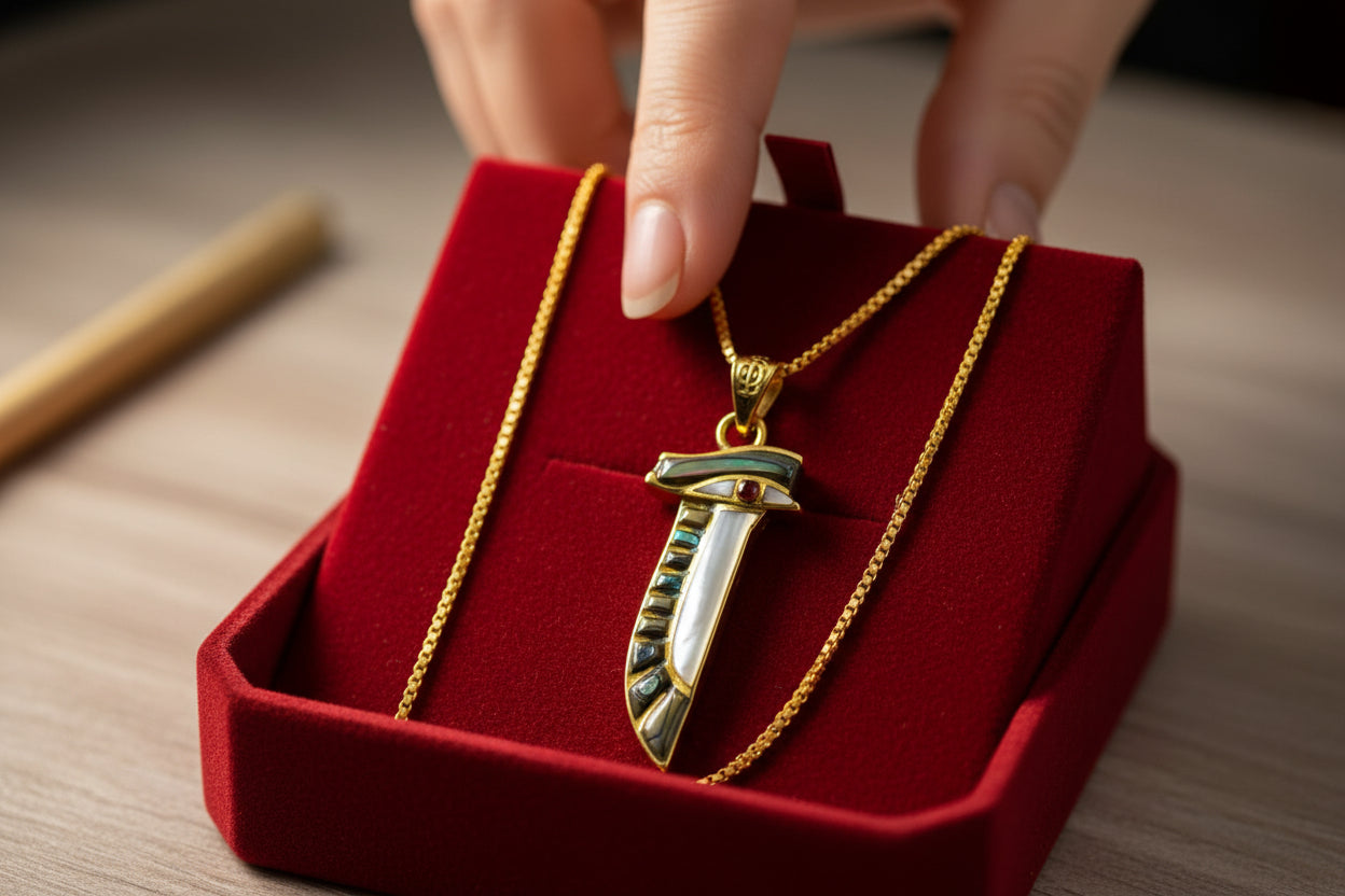 Gold Eye of Horus Necklace, Mother of Pearl Egyptian Pendant