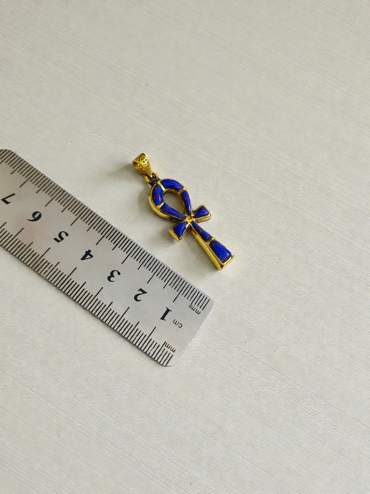 Gold Ankh Lapis Lazuli Pendant Necklace, Egyptian Talisman Jewelry