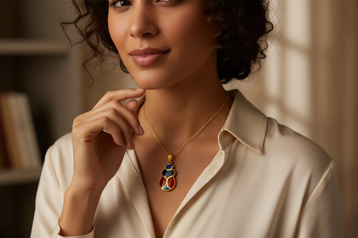Gold Scarab Enamel Pendant Necklace, Egyptian Revival Jewelry Gift