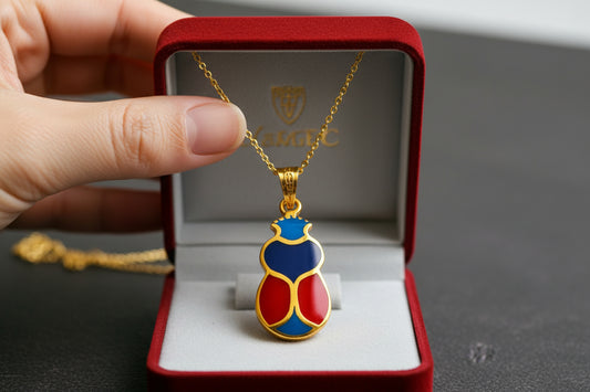 Gold Scarab Enamel Pendant Necklace, Egyptian Revival Jewelry Gift