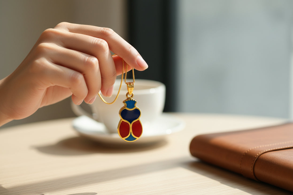 Gold Scarab Enamel Pendant Necklace, Egyptian Revival Jewelry Gift