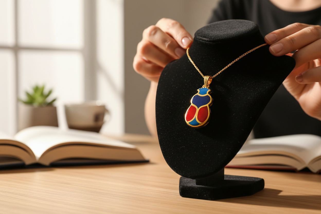 Gold Scarab Enamel Pendant Necklace, Egyptian Revival Jewelry Gift