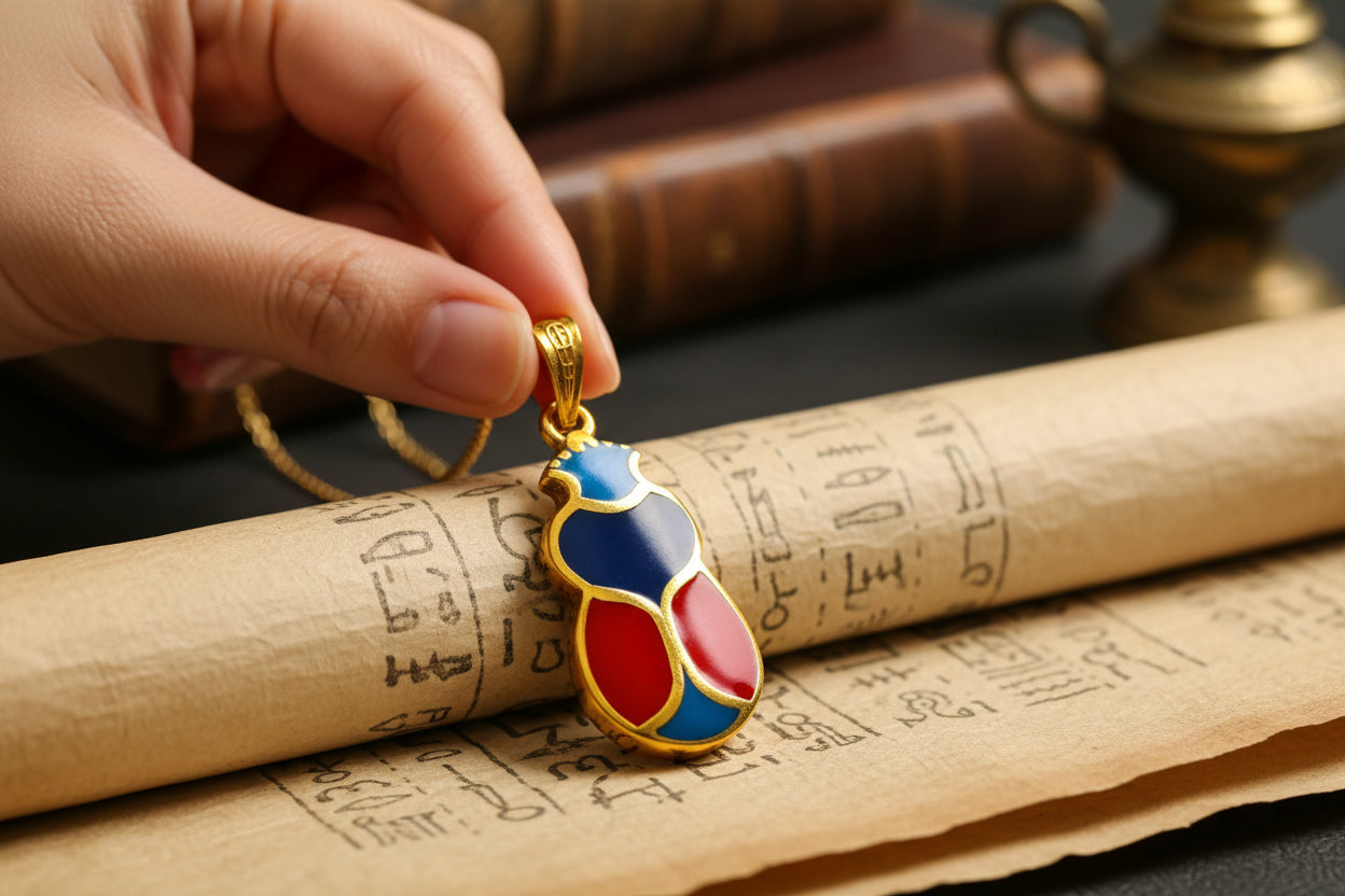 Gold Scarab Enamel Pendant Necklace, Egyptian Revival Jewelry Gift