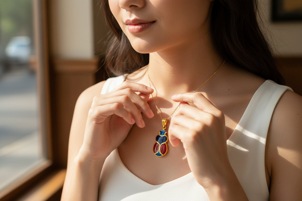 Gold Scarab Enamel Pendant Necklace, Egyptian Revival Jewelry Gift