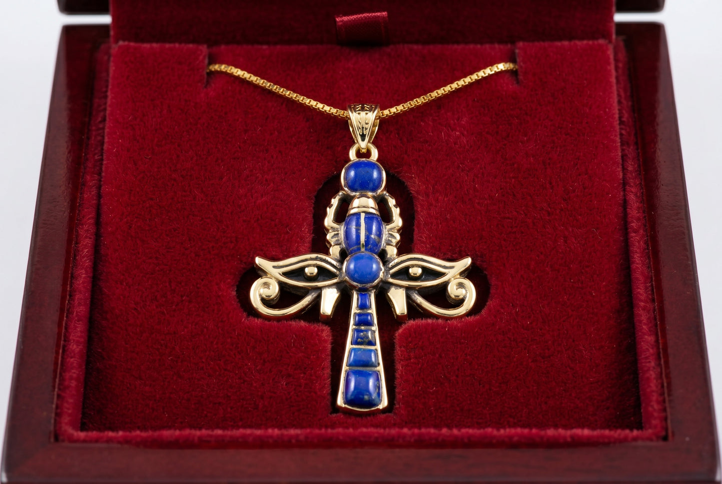 Gold Ankh Necklace, Lapis Lazuli Key of Life Pendant, Eye of Horus Necklace, Egyptian Revival Jewelry, Spiritual Talisman
