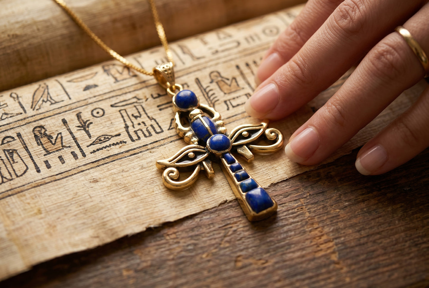Gold Ankh Necklace, Lapis Lazuli Key of Life Pendant, Eye of Horus Necklace, Egyptian Revival Jewelry, Spiritual Talisman