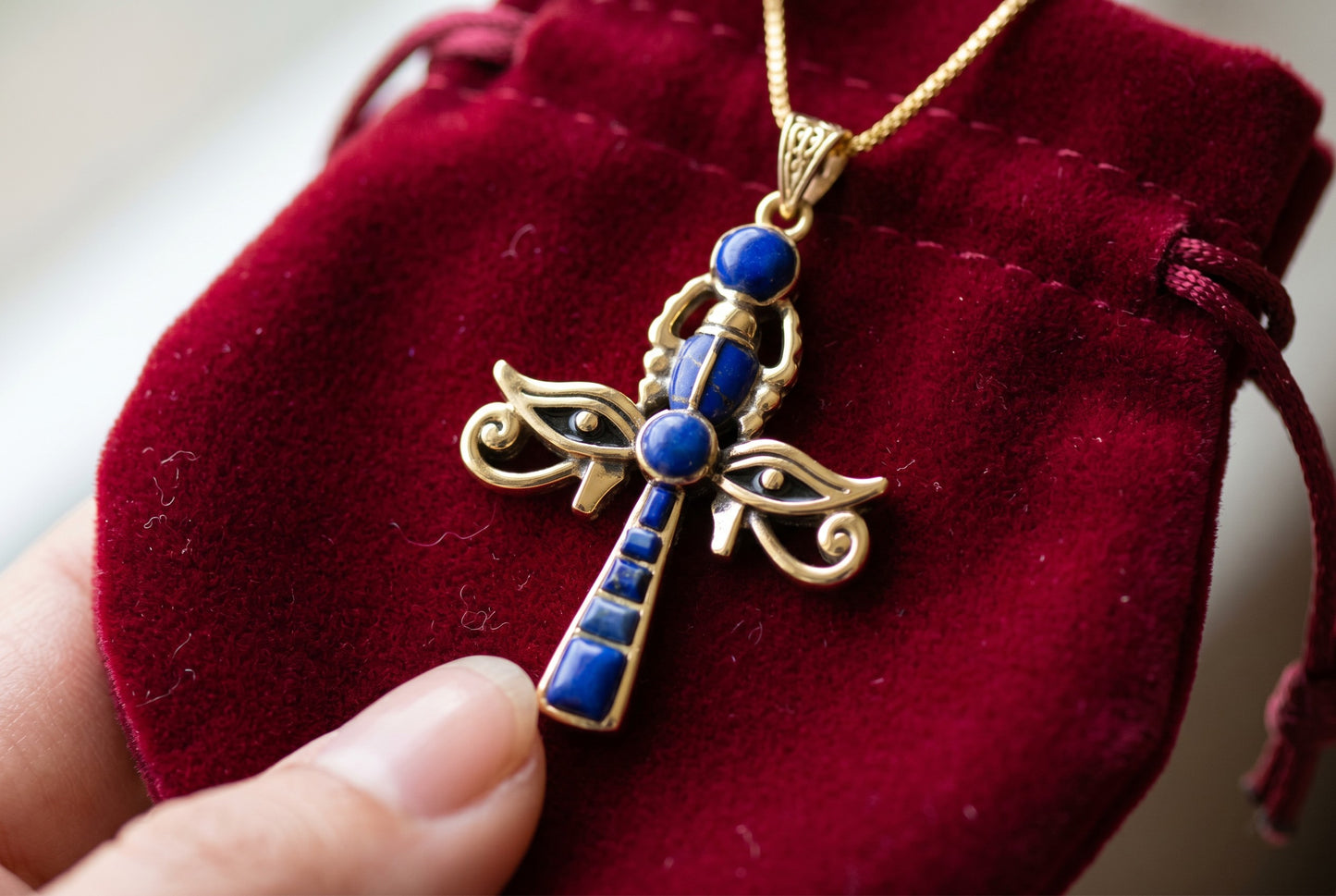 Gold Ankh Necklace, Lapis Lazuli Key of Life Pendant, Eye of Horus Necklace, Egyptian Revival Jewelry, Spiritual Talisman
