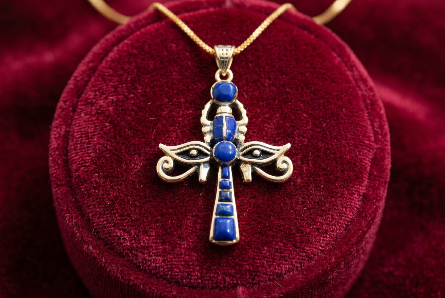 Gold Ankh Necklace, Lapis Lazuli Key of Life Pendant, Eye of Horus Necklace, Egyptian Revival Jewelry, Spiritual Talisman