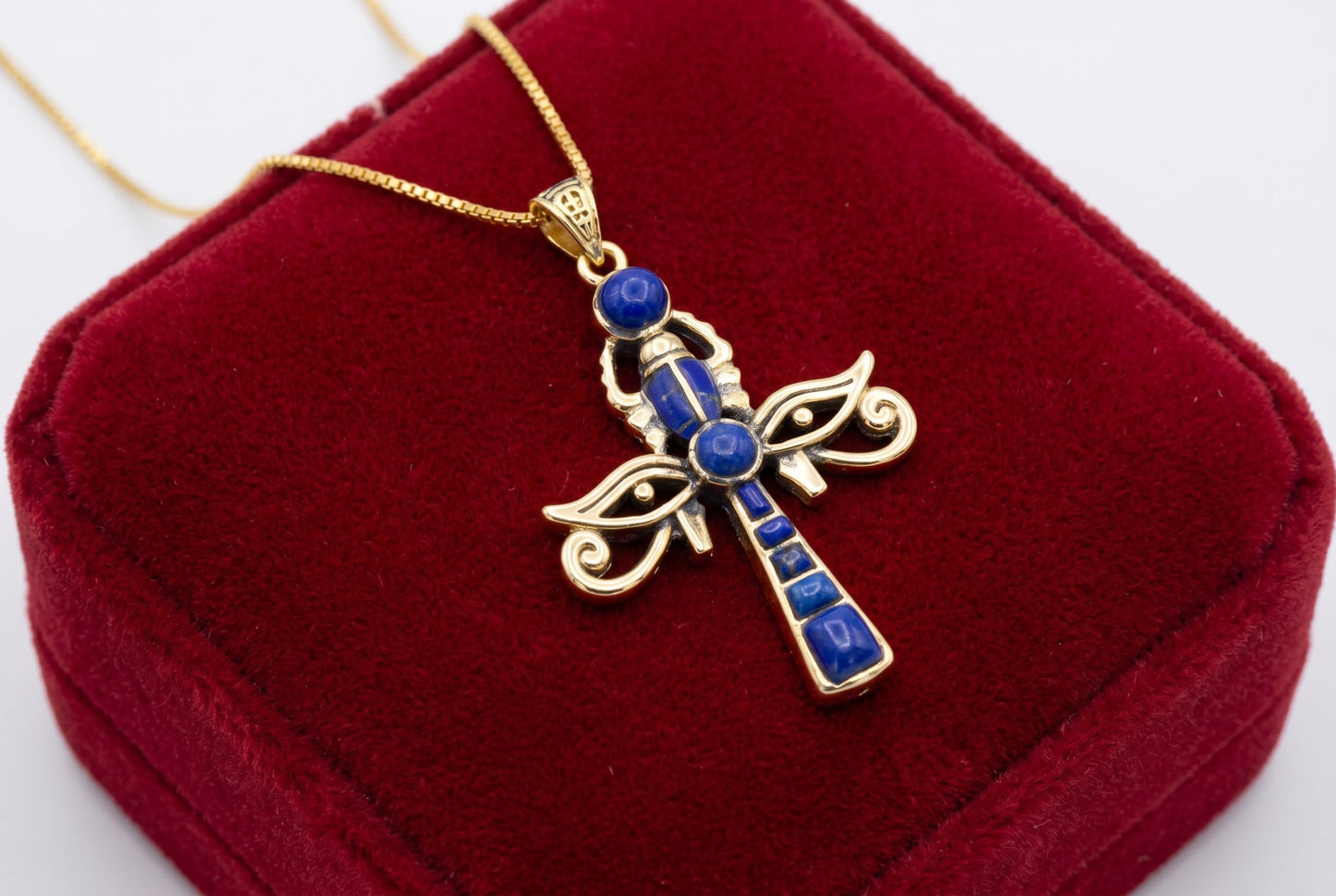 Gold Ankh Necklace, Lapis Lazuli Key of Life Pendant, Eye of Horus Necklace, Egyptian Revival Jewelry, Spiritual Talisman