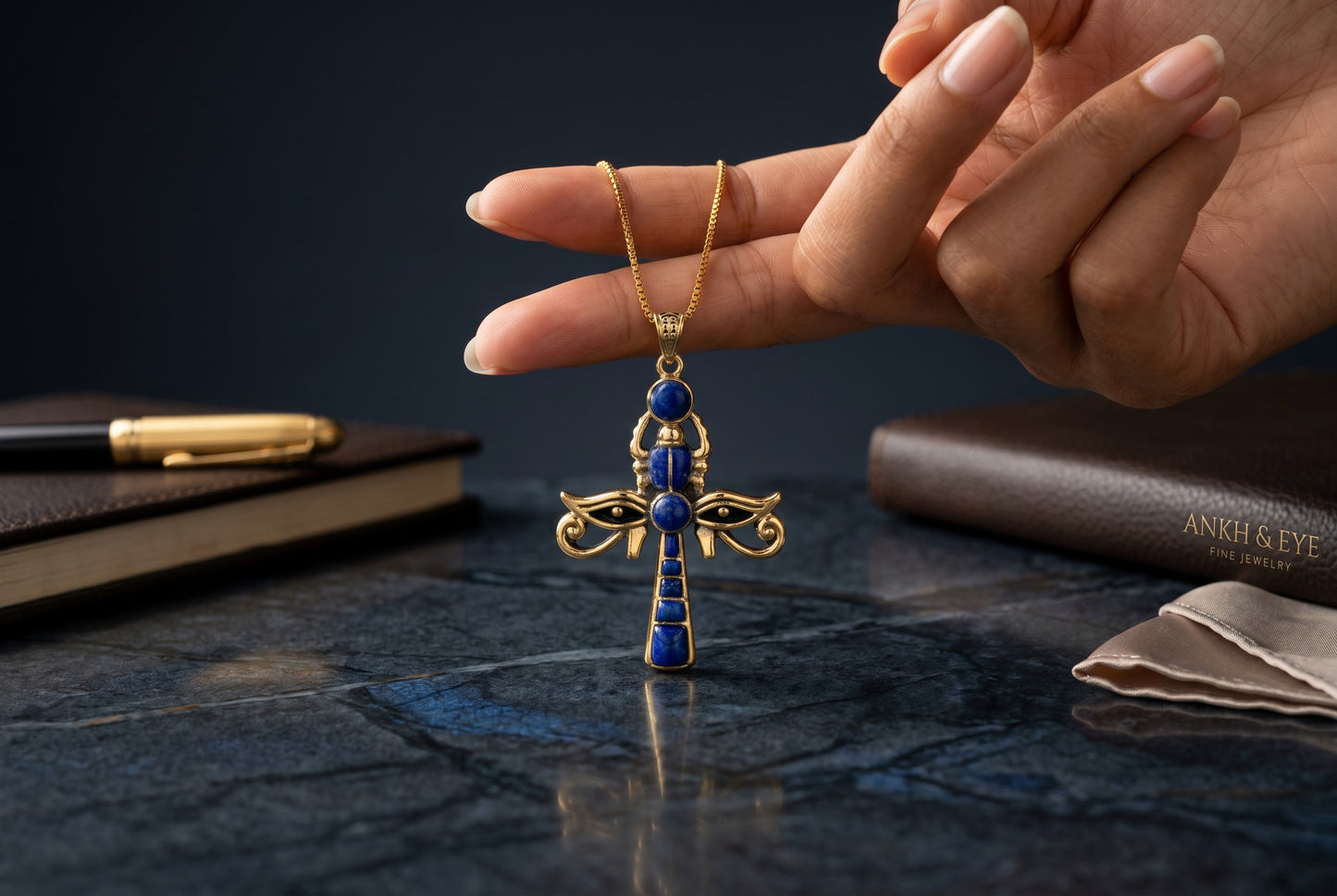Gold Ankh Necklace, Lapis Lazuli Key of Life Pendant, Eye of Horus Necklace, Egyptian Revival Jewelry, Spiritual Talisman
