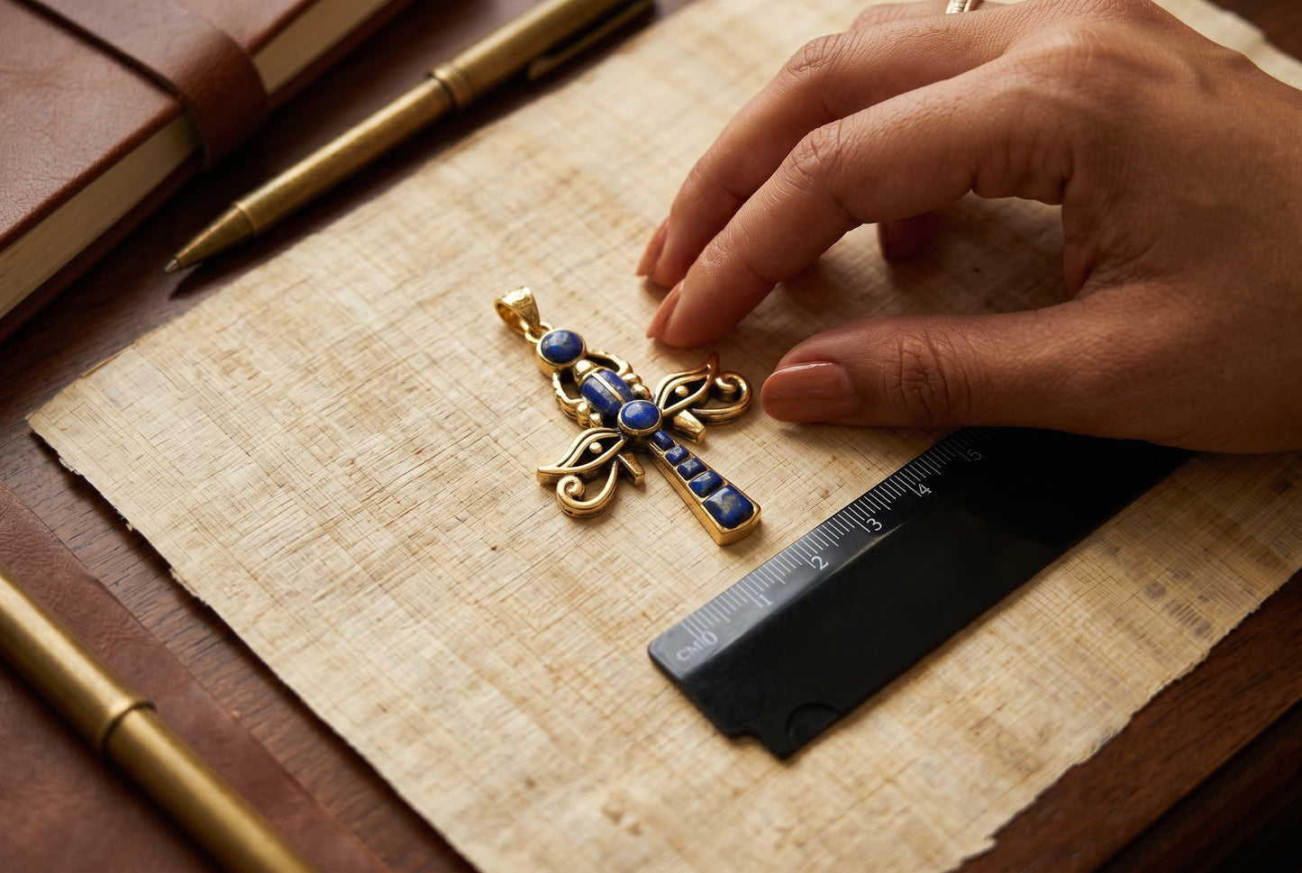 Gold Ankh Necklace, Lapis Lazuli Key of Life Pendant, Eye of Horus Necklace, Egyptian Revival Jewelry, Spiritual Talisman