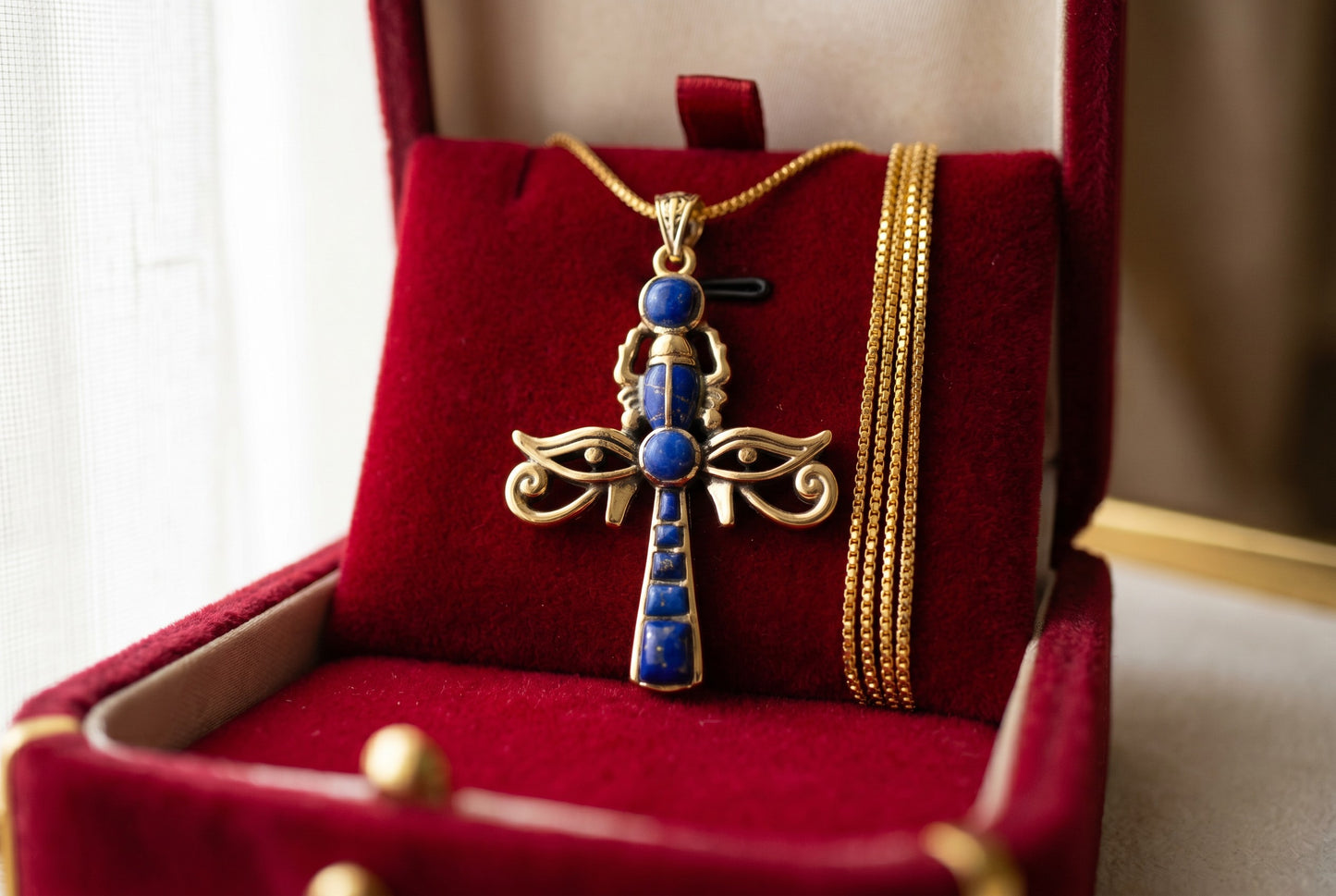 Gold Ankh Necklace, Lapis Lazuli Key of Life Pendant, Eye of Horus Necklace, Egyptian Revival Jewelry, Spiritual Talisman
