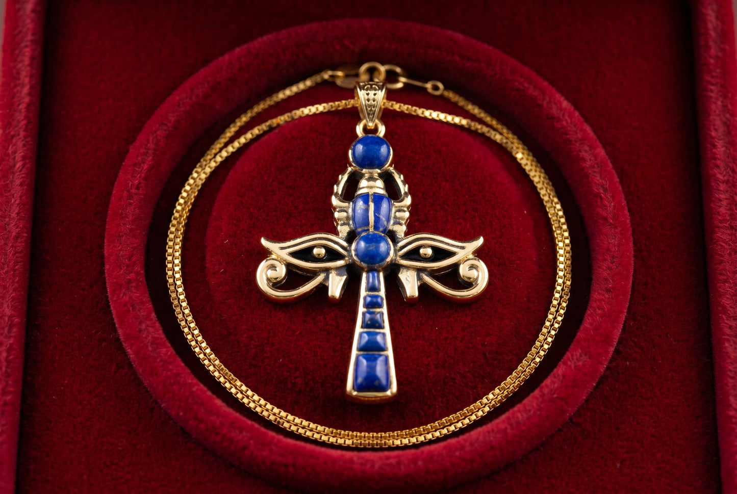 Gold Ankh Necklace, Lapis Lazuli Key of Life Pendant, Eye of Horus Necklace, Egyptian Revival Jewelry, Spiritual Talisman