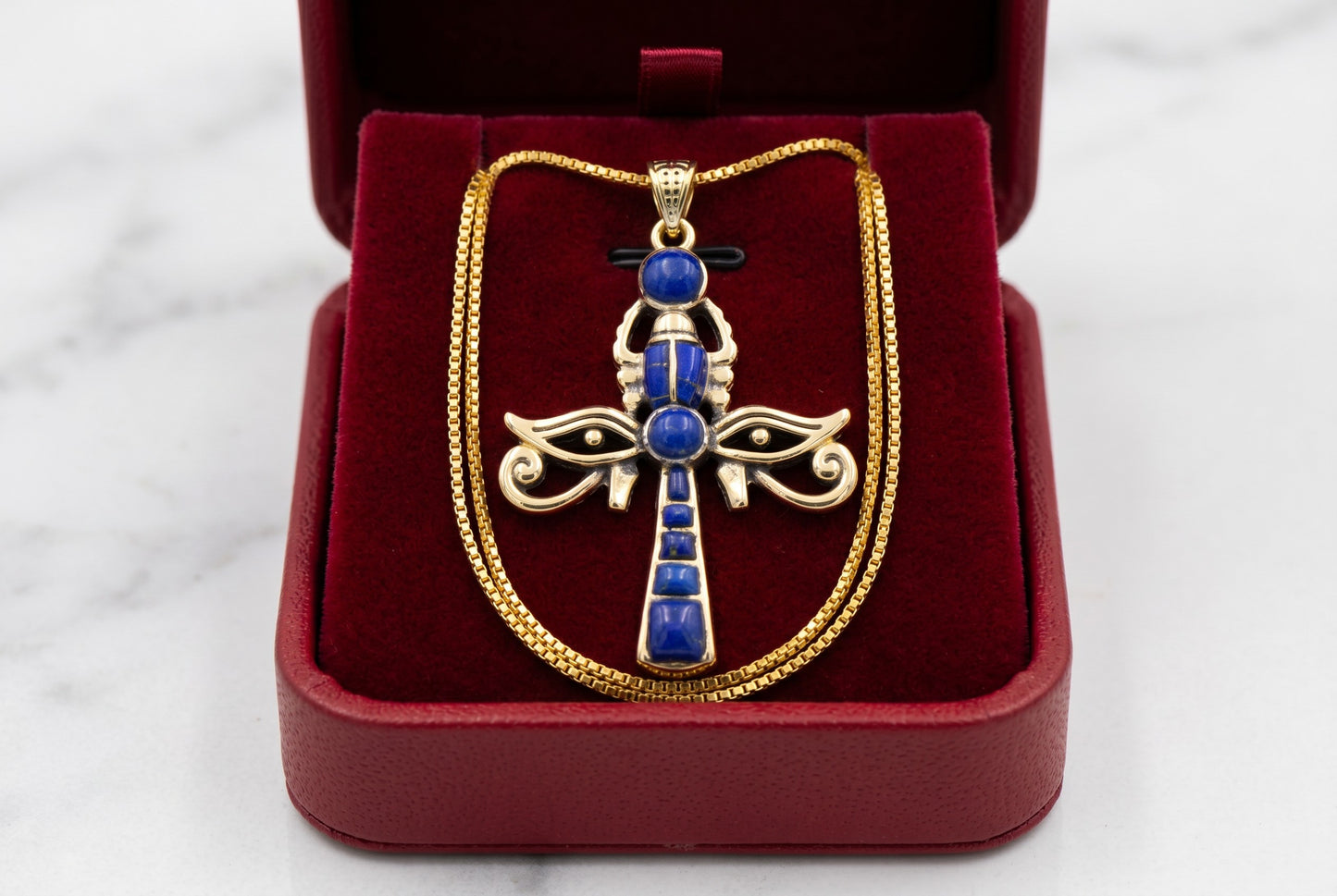 Gold Ankh Necklace, Lapis Lazuli Key of Life Pendant, Eye of Horus Necklace, Egyptian Revival Jewelry, Spiritual Talisman
