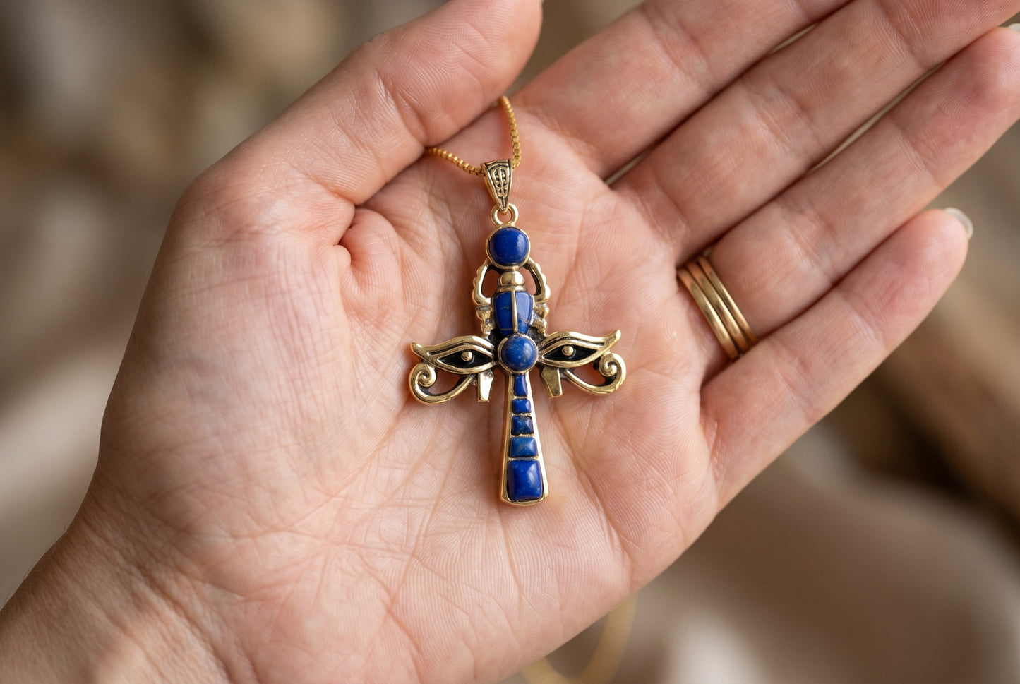 Gold Ankh Necklace, Lapis Lazuli Key of Life Pendant, Eye of Horus Necklace, Egyptian Revival Jewelry, Spiritual Talisman