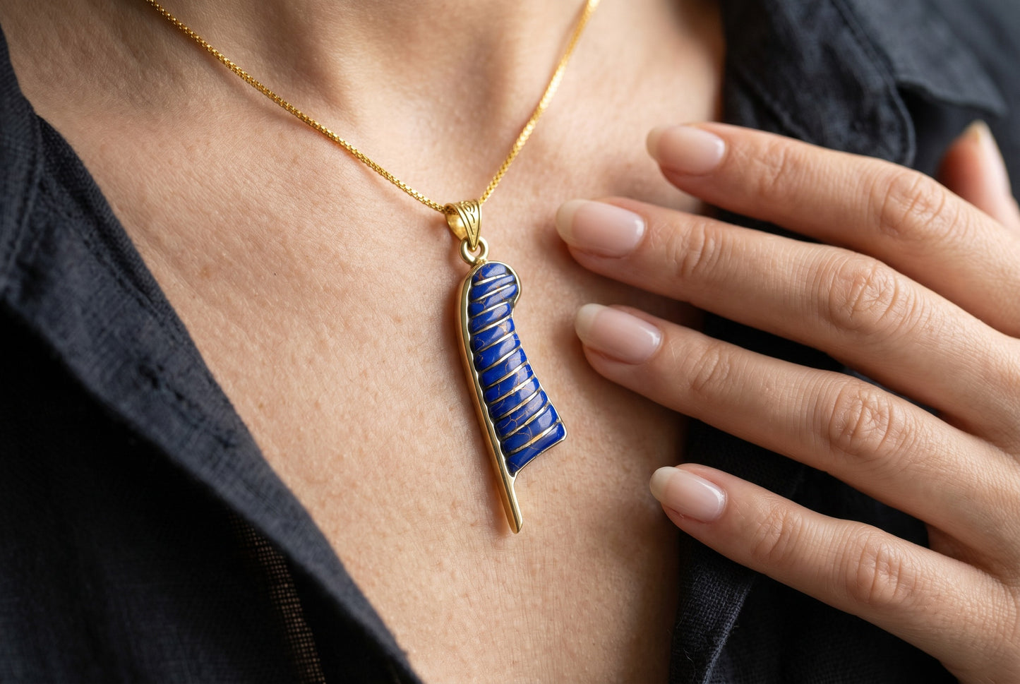 Gold Lapis Lazuli Maat Feather Necklace, Egyptian Goddess Jewelry, Ancient Egypt Pendant, Blue Stone Amulet, Gift for Her