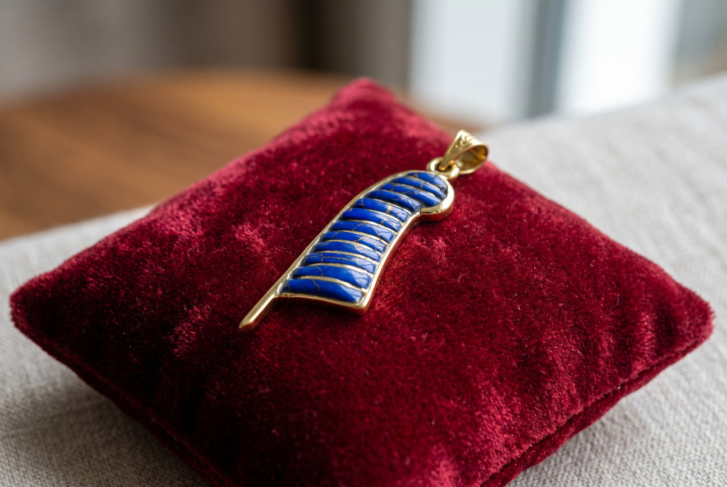 Gold Lapis Lazuli Maat Feather Necklace, Egyptian Goddess Jewelry, Ancient Egypt Pendant, Blue Stone Amulet, Gift for Her