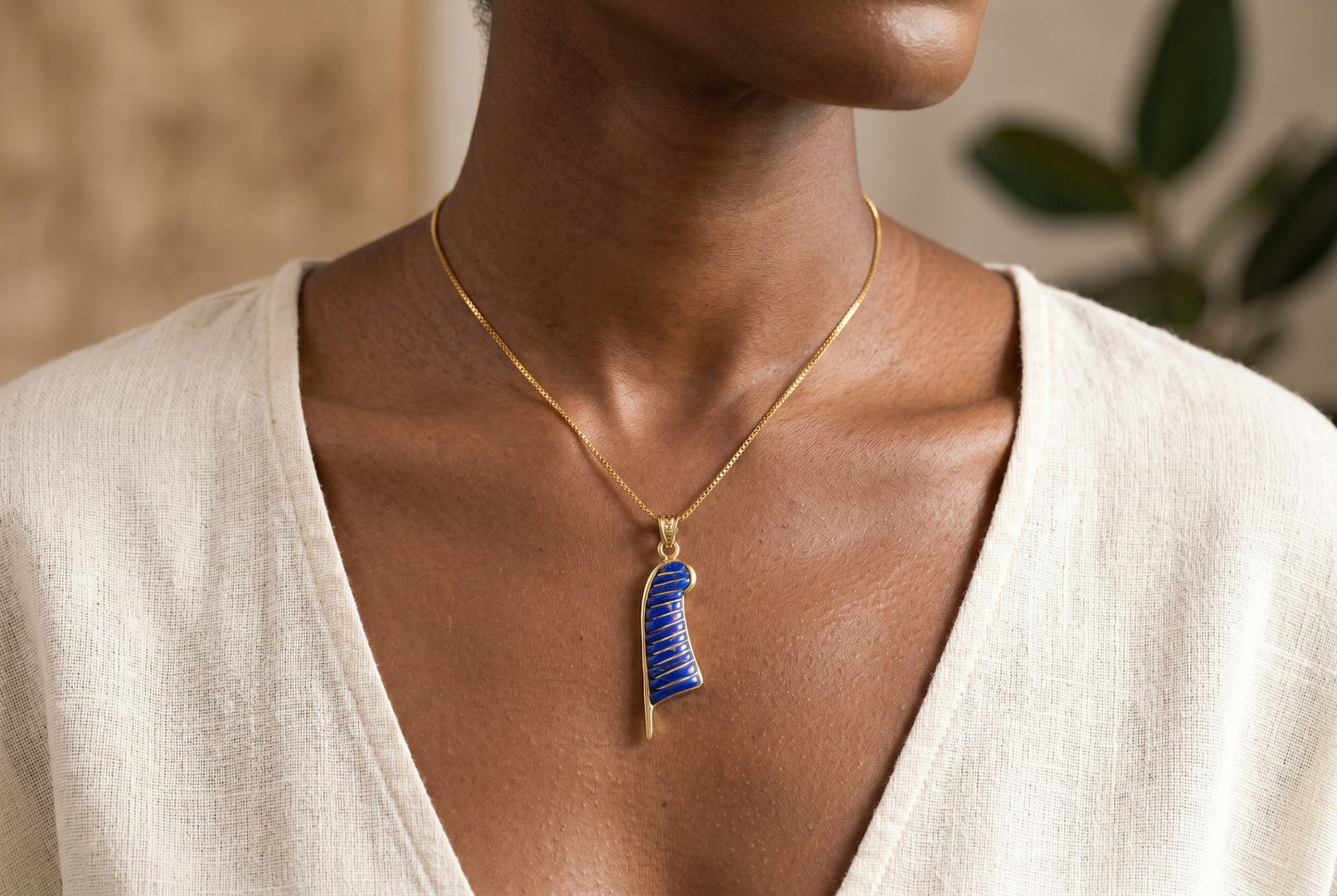 Gold Lapis Lazuli Maat Feather Necklace, Egyptian Goddess Jewelry, Ancient Egypt Pendant, Blue Stone Amulet, Gift for Her
