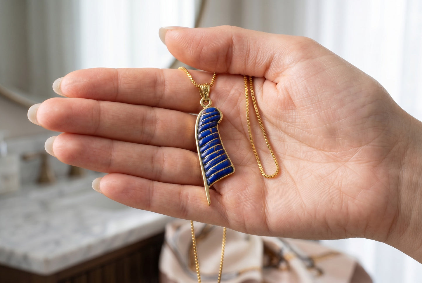 Gold Lapis Lazuli Maat Feather Necklace, Egyptian Goddess Jewelry, Ancient Egypt Pendant, Blue Stone Amulet, Gift for Her