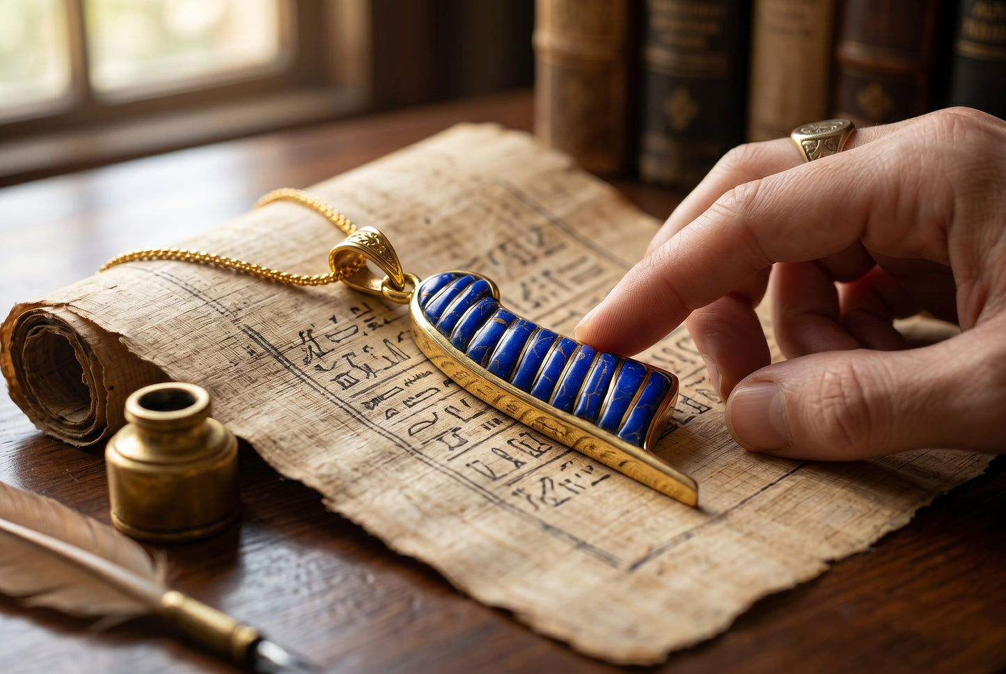 Gold Lapis Lazuli Maat Feather Necklace, Egyptian Goddess Jewelry, Ancient Egypt Pendant, Blue Stone Amulet, Gift for Her