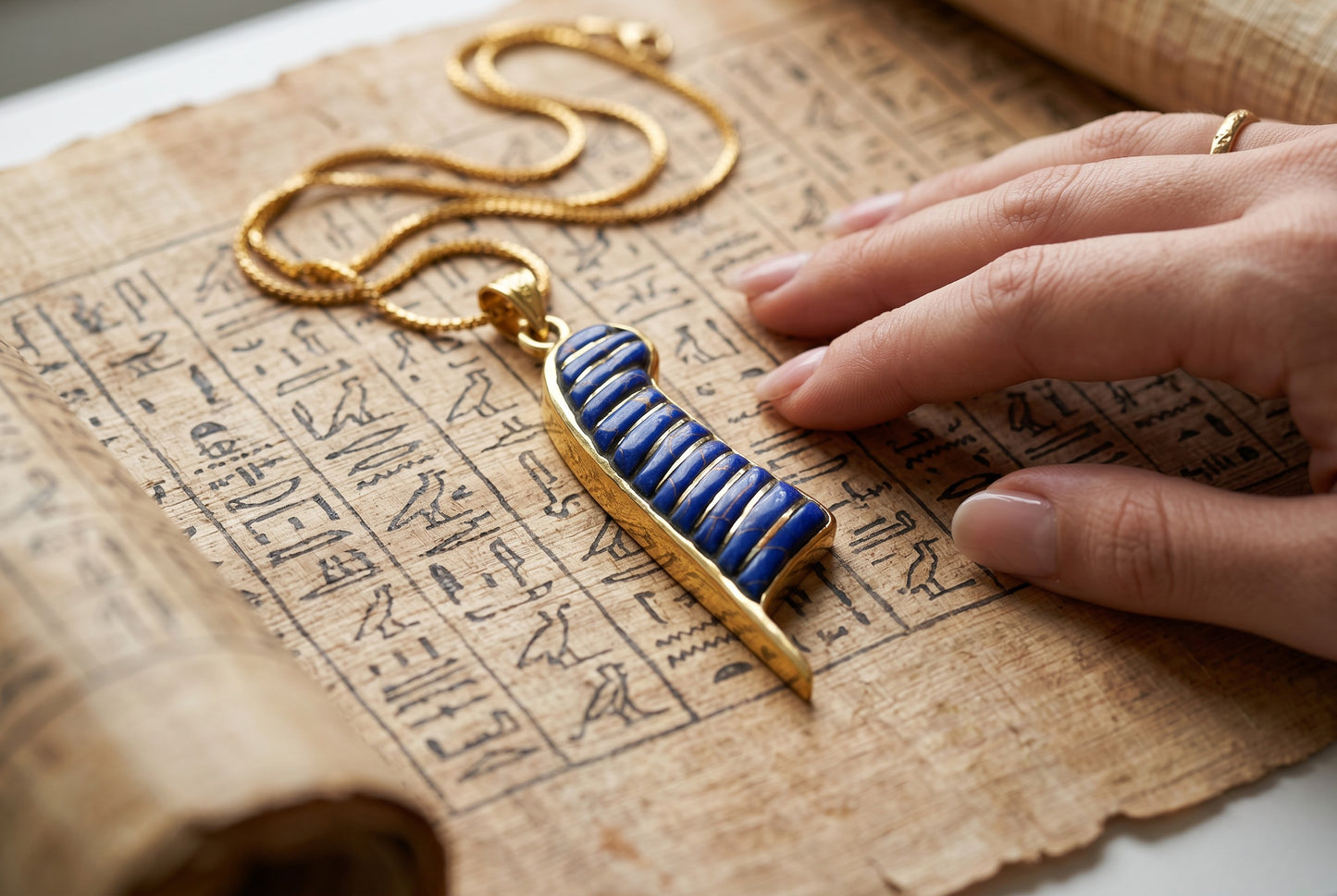 Gold Lapis Lazuli Maat Feather Necklace, Egyptian Goddess Jewelry, Ancient Egypt Pendant, Blue Stone Amulet, Gift for Her