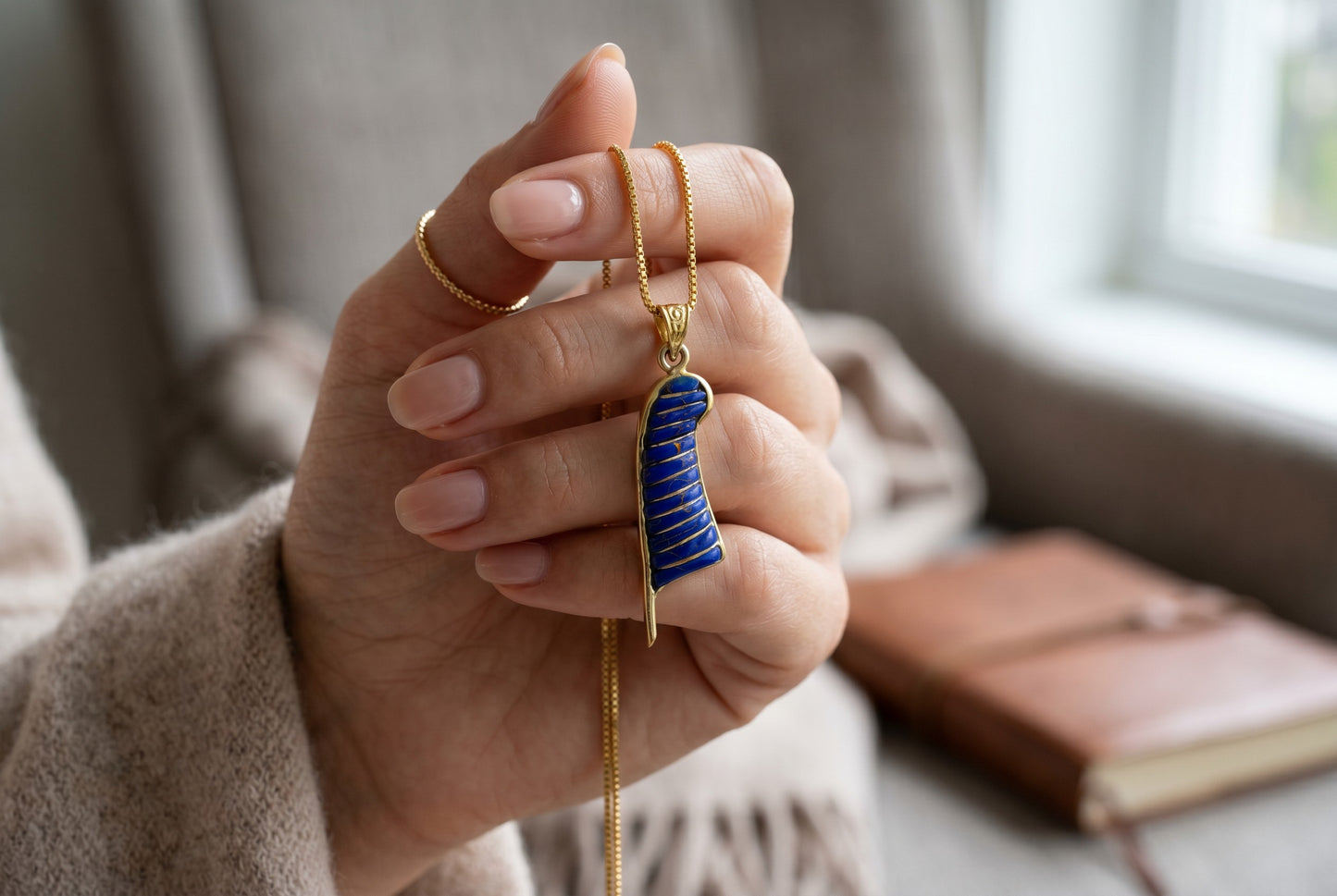 Gold Lapis Lazuli Maat Feather Necklace, Egyptian Goddess Jewelry, Ancient Egypt Pendant, Blue Stone Amulet, Gift for Her