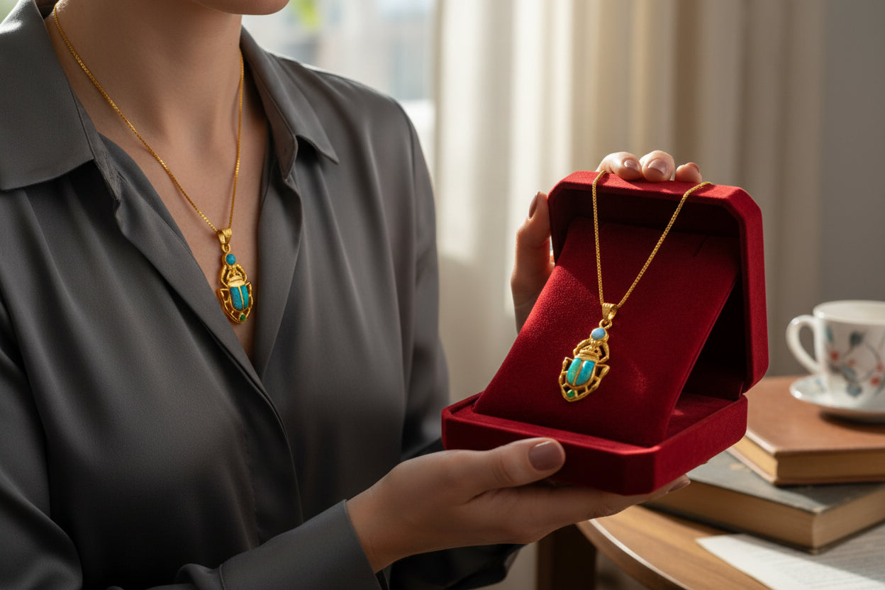 Gold Scarab Pendant Necklace, Egyptian Revival Talisman with Sparkle Opal