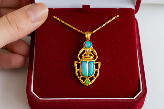Gold Scarab Pendant Necklace, Egyptian Revival Talisman with Sparkle Opal