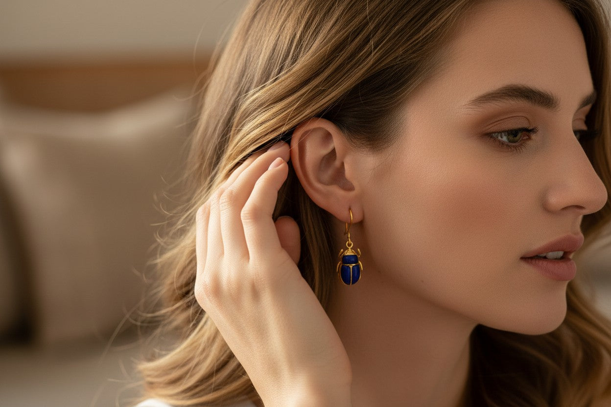 Gold Scarab Lapis Lazuli Earrings, Ancient Egyptian Jewelry, Blue Gemstone Earrings, Spiritual Talisman, Gift For Her
