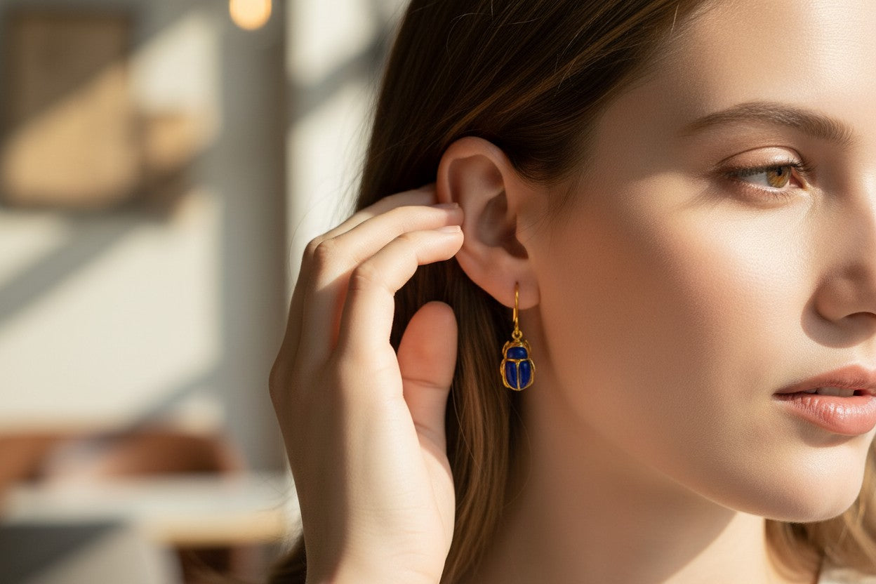 Gold Scarab Lapis Lazuli Earrings, Ancient Egyptian Jewelry, Blue Gemstone Earrings, Spiritual Talisman, Gift For Her