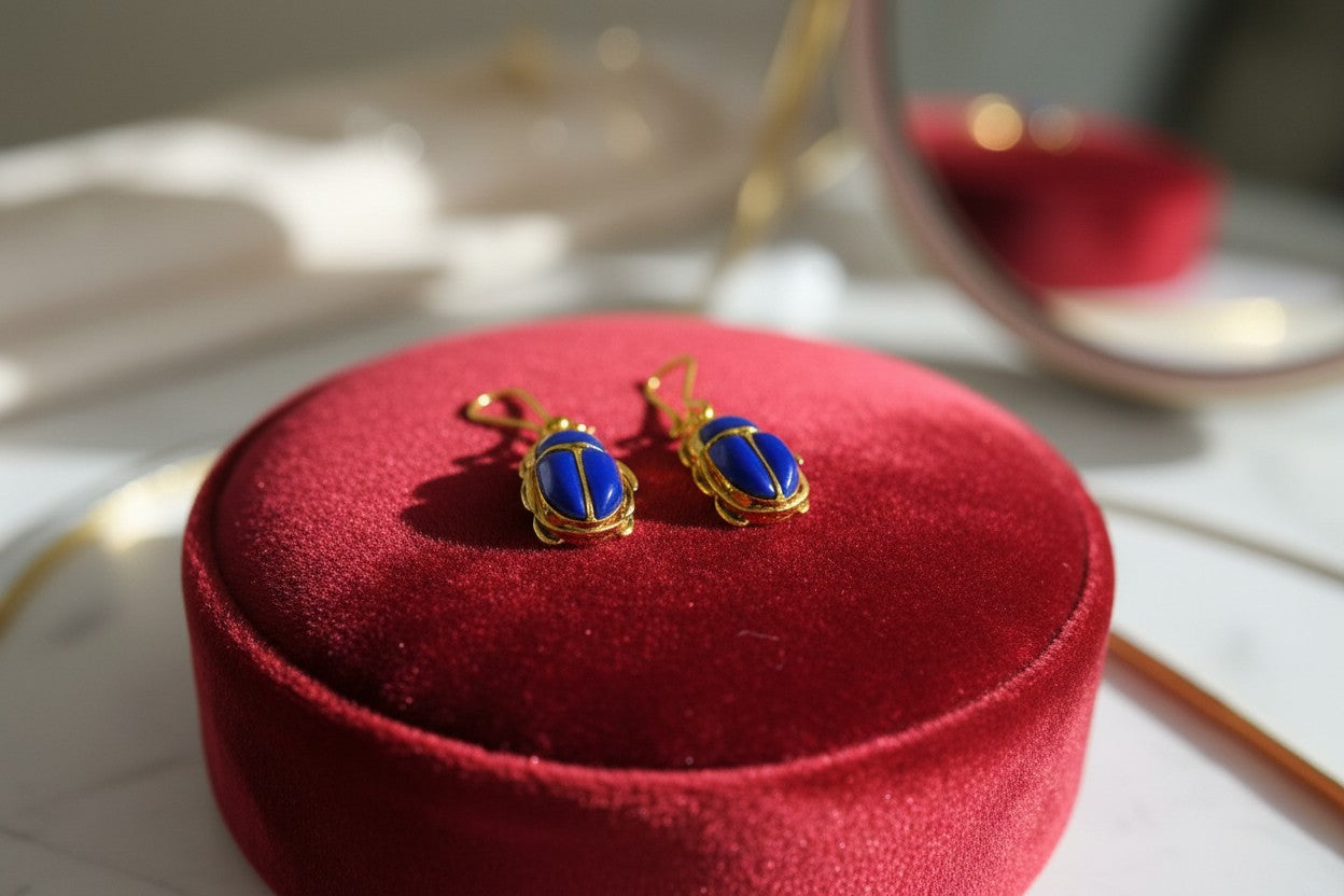 Gold Scarab Lapis Lazuli Earrings, Ancient Egyptian Jewelry, Blue Gemstone Earrings, Spiritual Talisman, Gift For Her