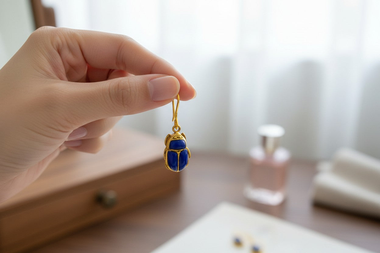 Gold Scarab Lapis Lazuli Earrings, Ancient Egyptian Jewelry, Blue Gemstone Earrings, Spiritual Talisman, Gift For Her