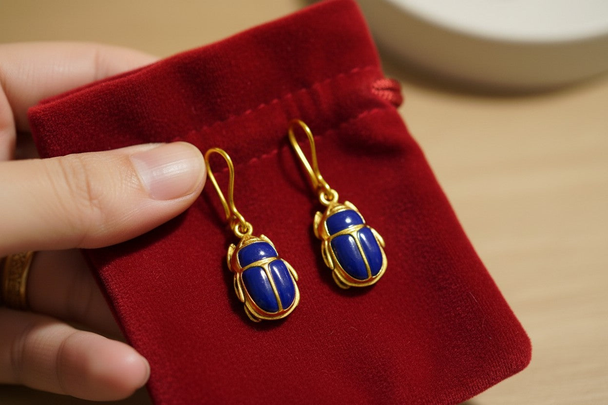 Gold Scarab Lapis Lazuli Earrings, Ancient Egyptian Jewelry, Blue Gemstone Earrings, Spiritual Talisman, Gift For Her