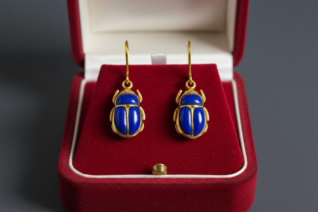 Gold Scarab Lapis Lazuli Earrings, Ancient Egyptian Jewelry, Blue Gemstone Earrings, Spiritual Talisman, Gift For Her