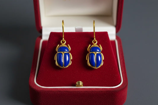 Gold Scarab Lapis Lazuli Earrings, Ancient Egyptian Jewelry, Blue Gemstone Earrings, Spiritual Talisman, Gift For Her