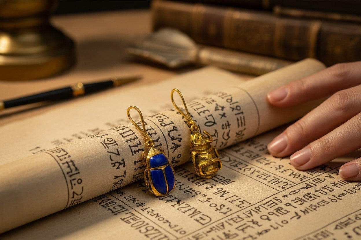 Gold Scarab Lapis Lazuli Earrings, Ancient Egyptian Jewelry, Blue Gemstone Earrings, Spiritual Talisman, Gift For Her
