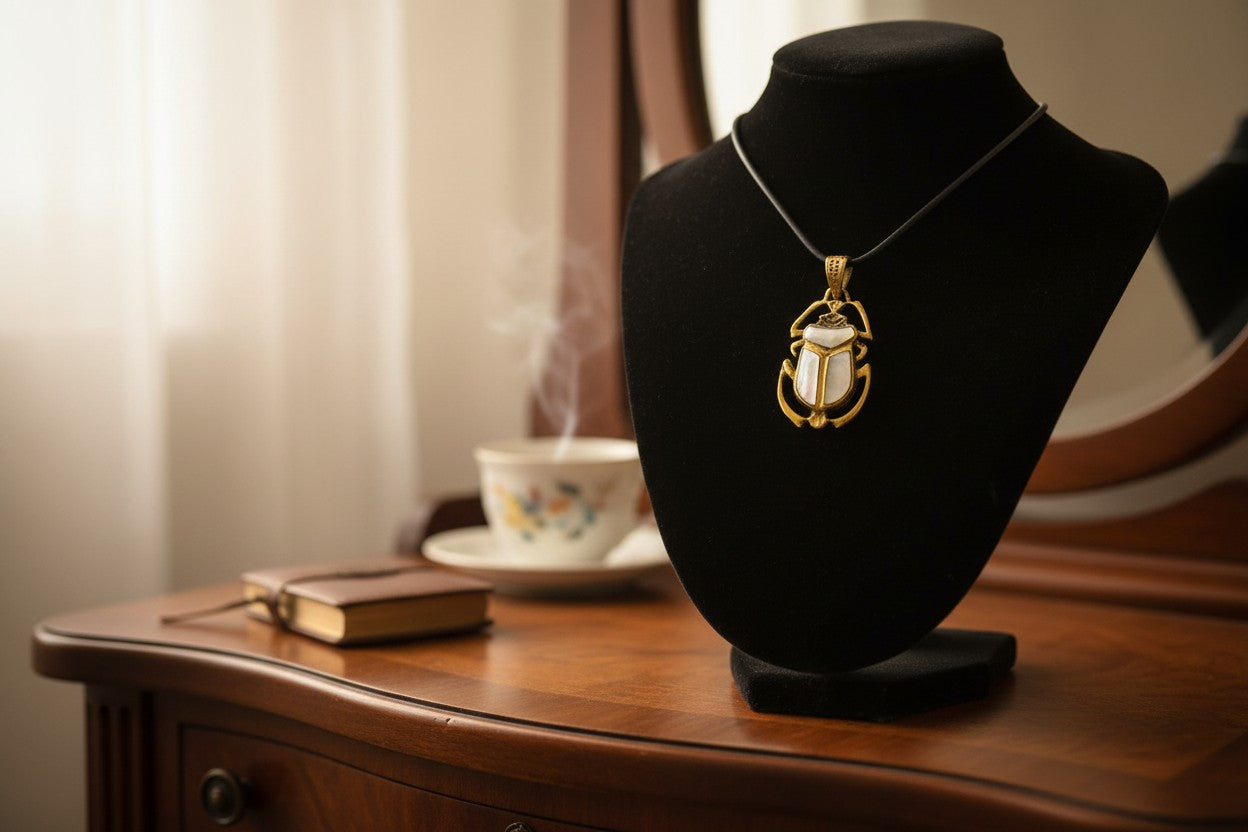 Gold Scarab Pendant Necklace, Mother of Pearl Egyptian Revival Jewelry