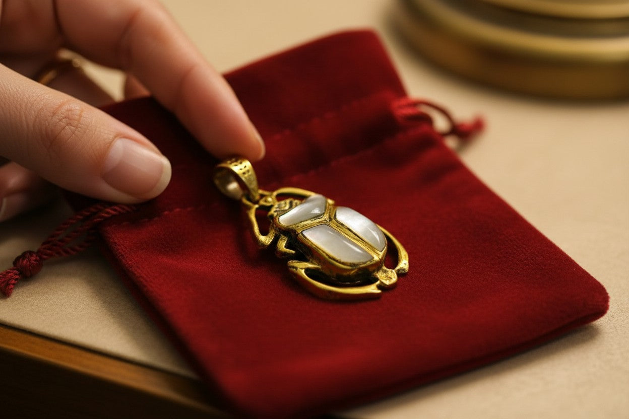 Gold Scarab Pendant Necklace, Mother of Pearl Egyptian Revival Jewelry