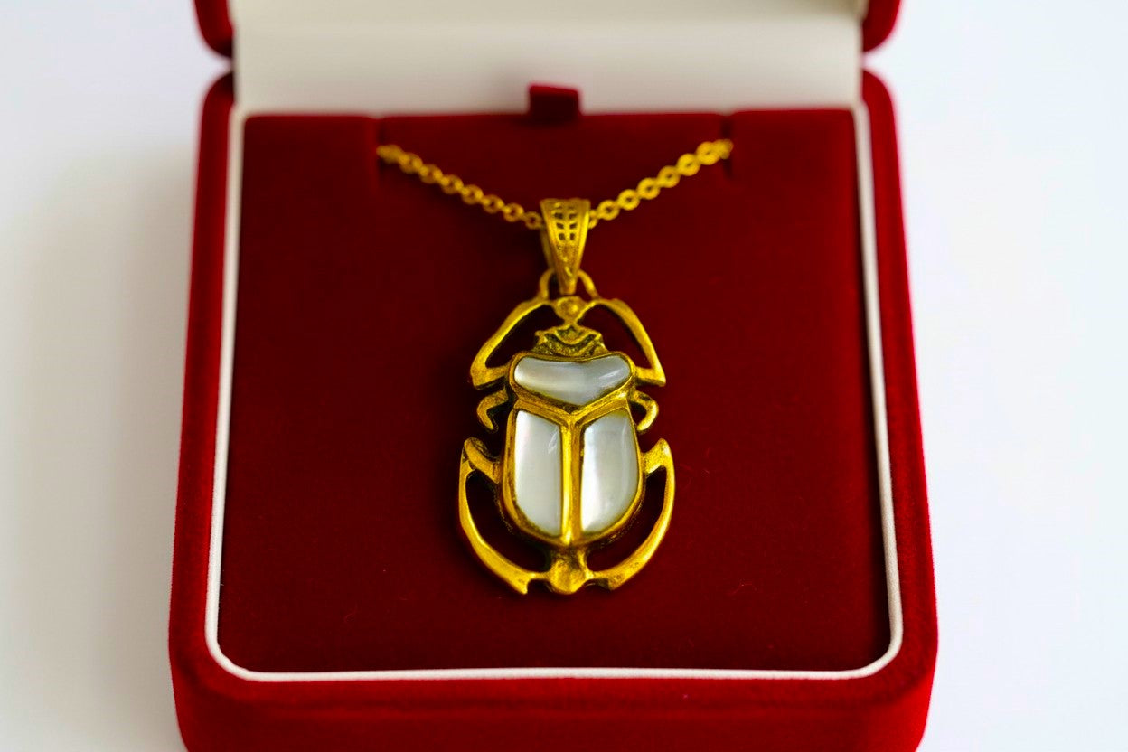 Gold Scarab Pendant Necklace, Mother of Pearl Egyptian Revival Jewelry