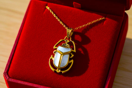 Gold Scarab Pendant Necklace, Mother of Pearl Egyptian Revival Jewelry
