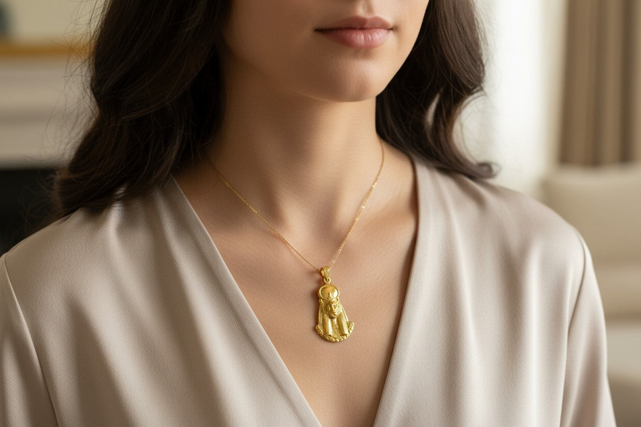 Gold Sekhmet Pendant, Egyptian Revival Necklace, Divine Talisman
