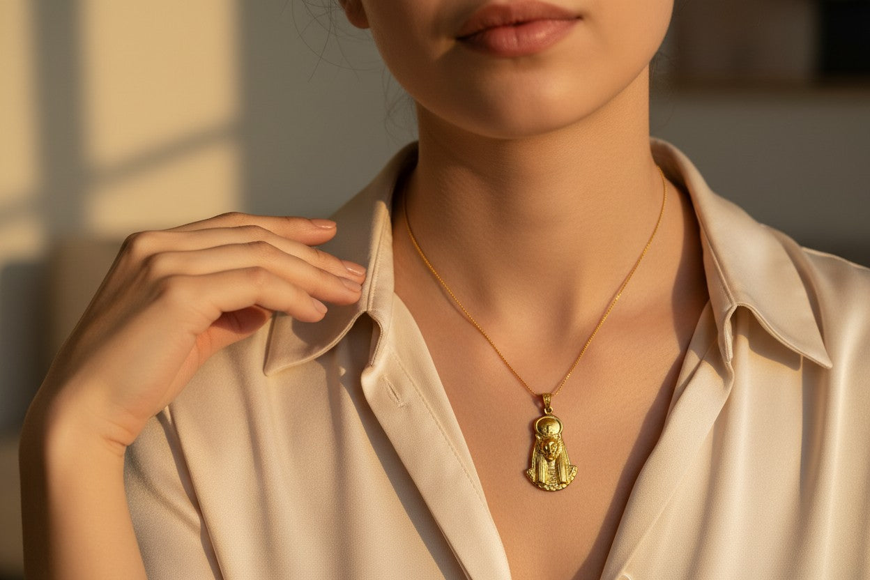 Gold Sekhmet Pendant, Egyptian Revival Necklace, Divine Talisman